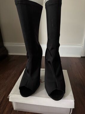Black Peep-Toe Stretch Calf-High Boots - Women's